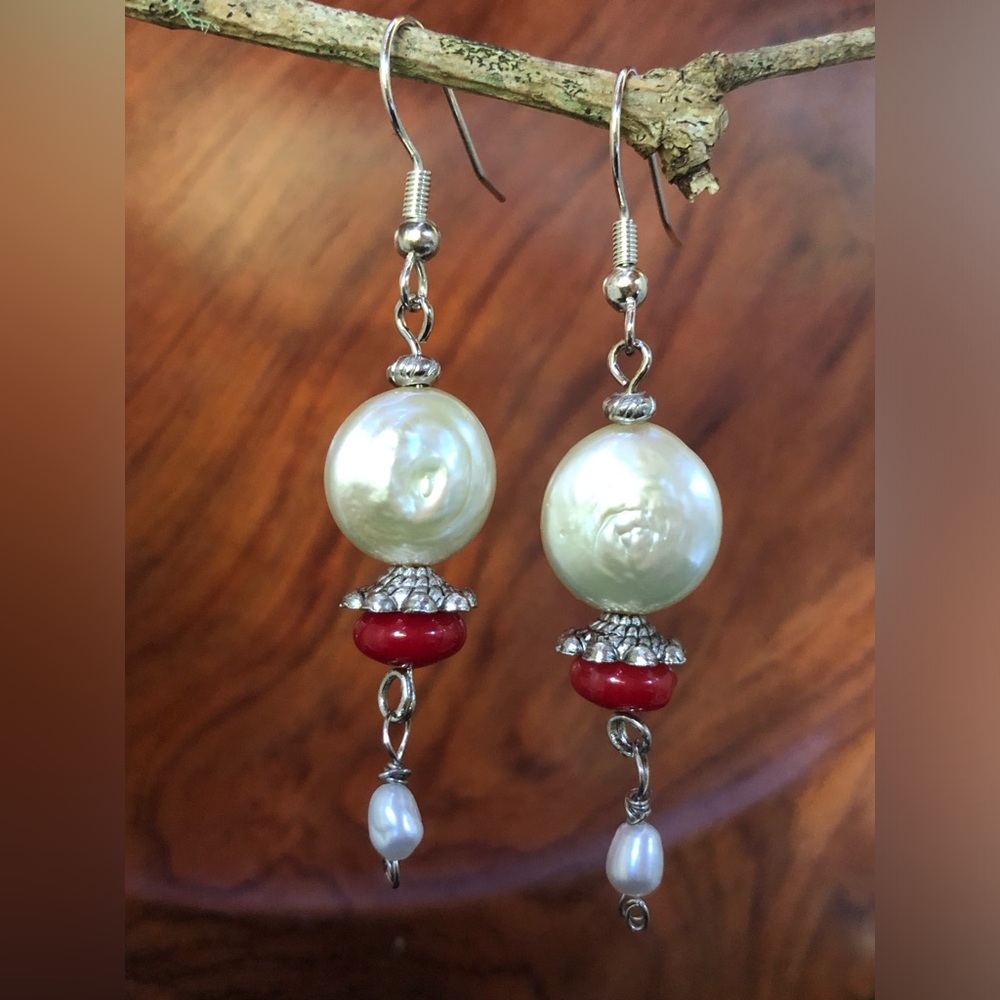 Handcrafted Genuine Silver Coin Pearl & Red Coral Bead Drop w/ Dangles Earrings - Picture 4 of 15